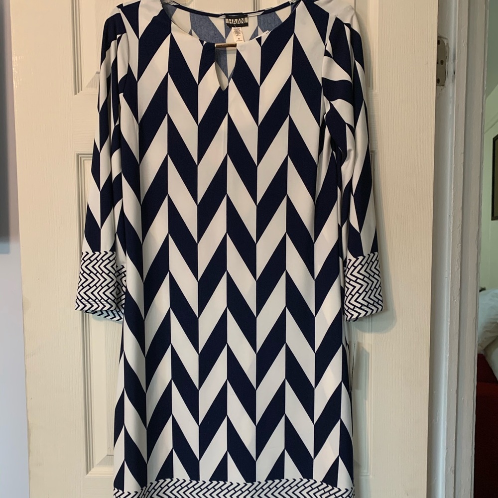 Blue and white knee length dress